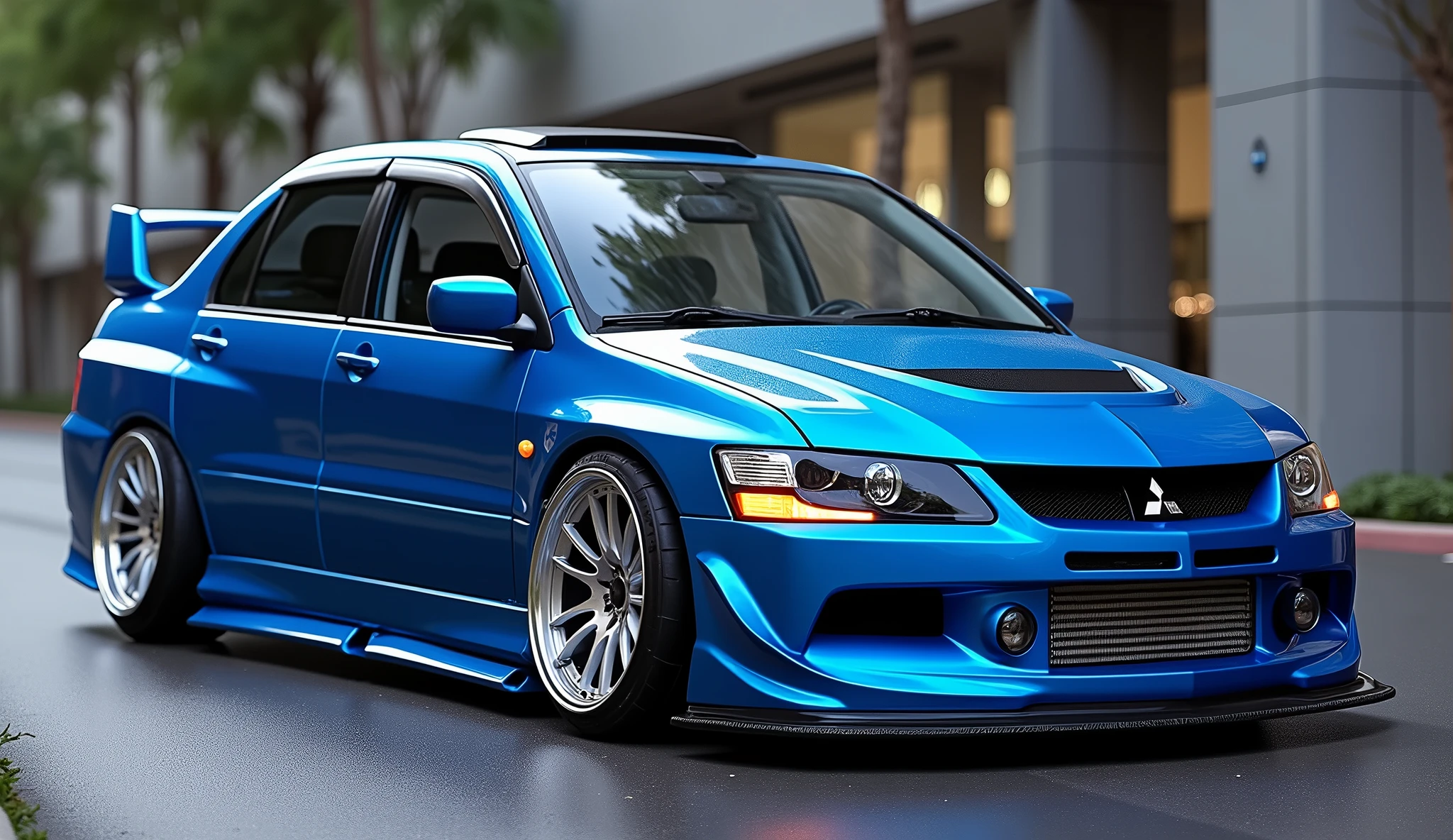 Imagine a Mitsubishi Evolution, its sleek body modified to perfection. Envision a vibrant, electric blue hue, 'Evolution Blue,' that seems to shift and shimmer in the light. The wheels, a gleaming silver, are forged from the strongest alloys, designed to handle the intense power of the turbocharged engine. The exhaust system, a masterpiece of engineering, emits a deep, throaty growl that announces the Evolution's presence to all who will listen. The interior, a cocoon of luxury and technology, features premium leather and suede, with a dashboard that shines like polished chrome. The seats, designed for comfort and support, cradle the driver and passenger in style. The steering wheel, wrapped in the finest leather, feels like an extension of the driver's own hands. The Evolution is a symphony of power, style, and innovation – a true masterpiece of automotive art, the car must be slow profile suspension touching the ground