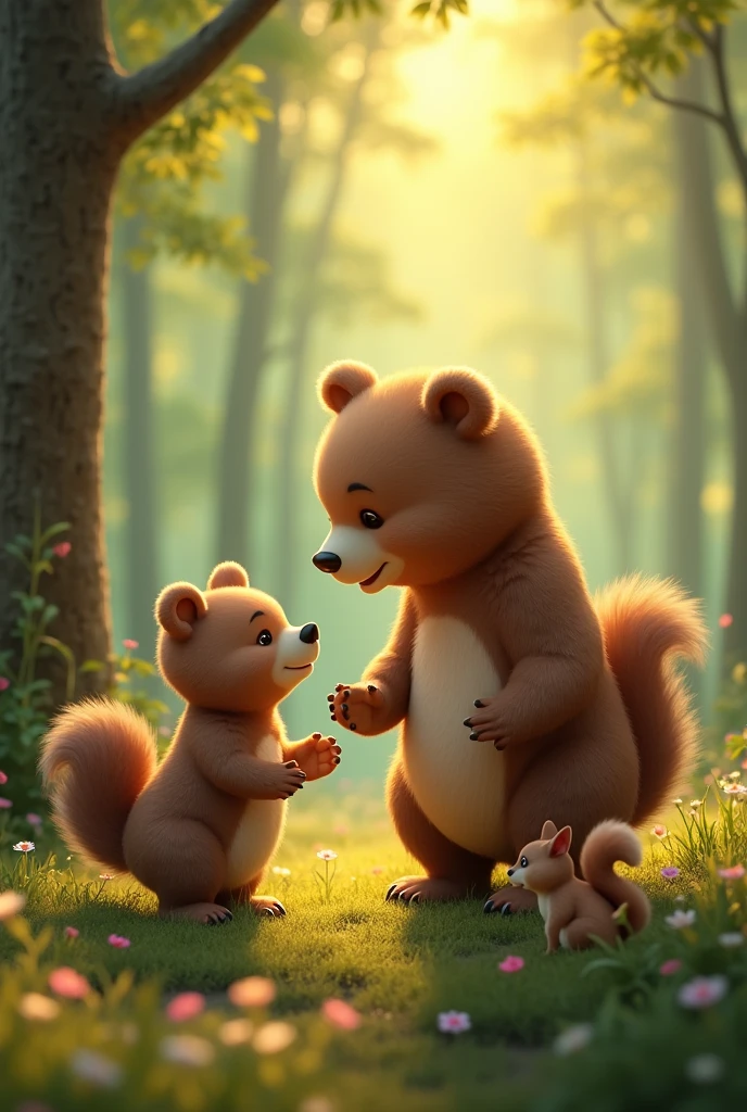 The baby bear promised his mother that he would always obey and not run away anymore. The mother bear cub thanked the squirrel for helping the cub.