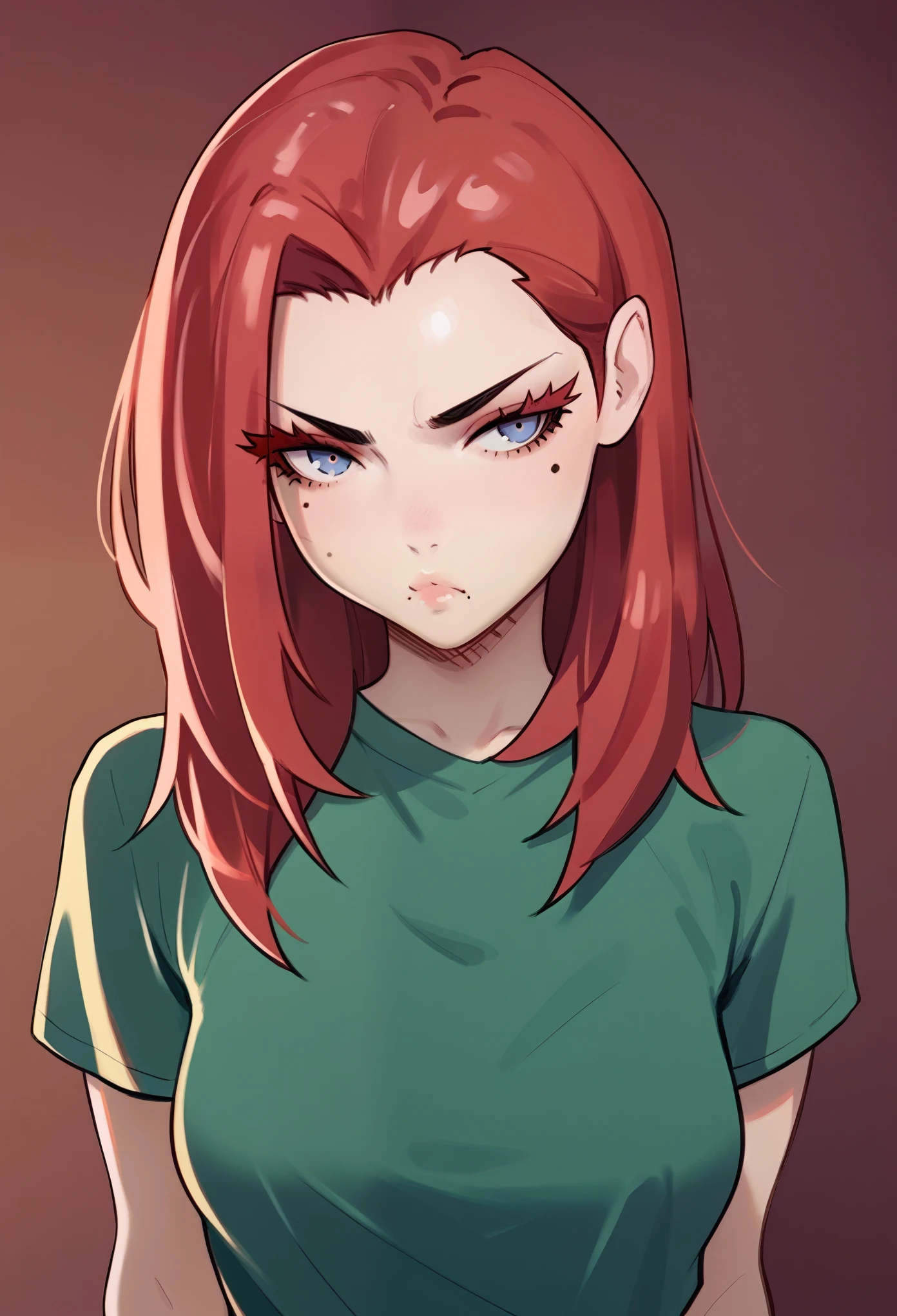 score_9, score_8_up, score_7_up, score_6_up, score_5_up, score_4_up, source_cartoon, rating_safe, by stopu4, 1girl, pale skin, beauty mark under one eye, pout, large eyelashes, green shirt, medium breasts, portrait, torso shot, long straight red hair,