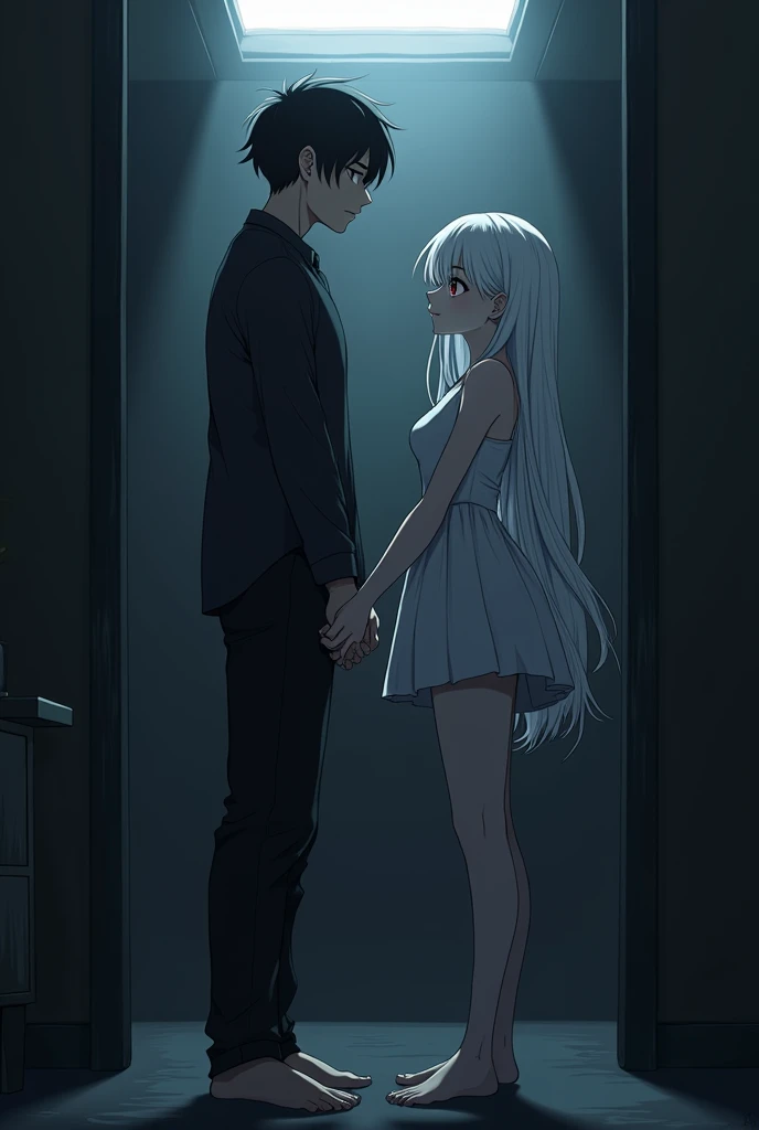 The image is anime style with shadows and dim lights, anime style although somewhat adult and dark, It shows a single adult man of 2 who has black eyes and medium-long black hair as well., He is holding the hand of a 2 adult albino woman who has red eyes, His feet are bare, She has very beautiful feet and strong legs., Her hair is white and very long and she wears a short dress that reaches her knees.. both, both man and woman, He is shown with a determined and serious expression in the middle of a room partially illuminated by a skylight..