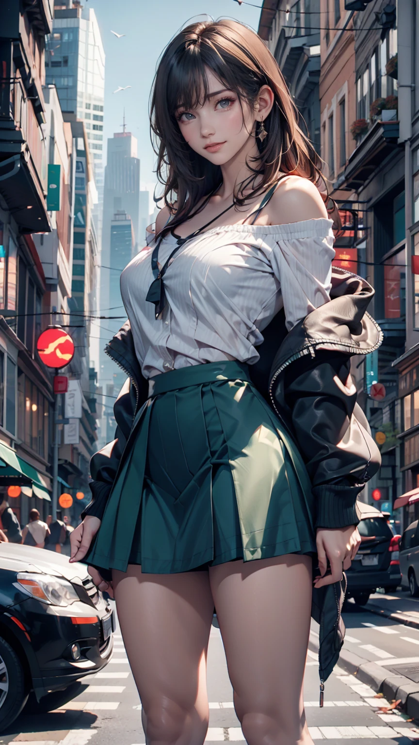 One person, black_skirt, green_hair, building, city, cityscape, hair_between_eye, Jacket, Looking_in_Audience, Moderate_hair, Multicolor_hair, multiple_, night, off_shoulder, Outdoor, pleined_skirt, road, shirt, skirt, Skyscraper, smile, 一人in_concentrated, street, white_shirt