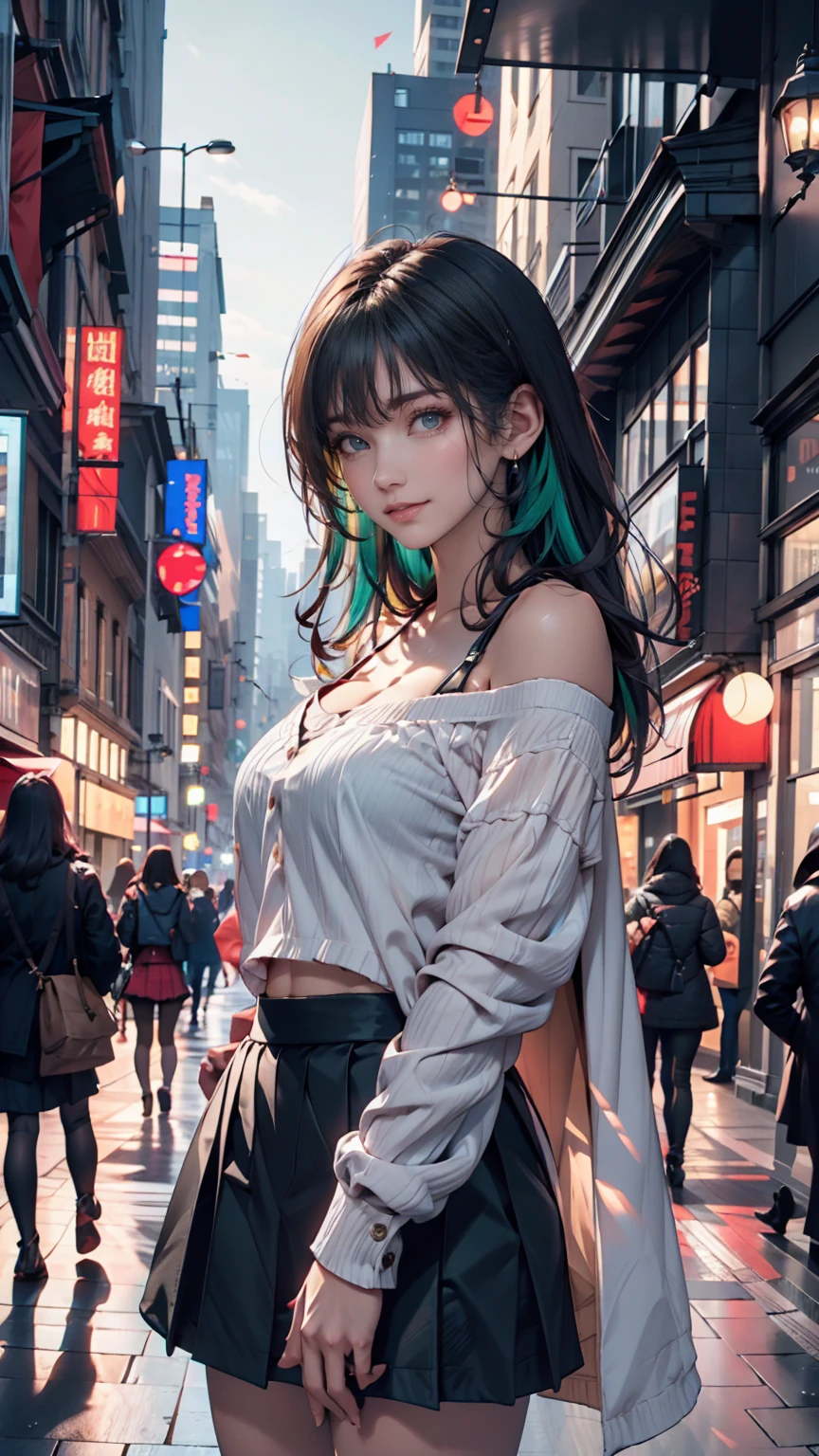 One person, black_skirt, green_hair, building, city, cityscape, hair_between_eye, Jacket, Looking_in_Audience, Moderate_hair, Multicolor_hair, multiple_, night, off_shoulder, Outdoor, pleined_skirt, road, shirt, skirt, Skyscraper, smile, 一人in_concentrated, street, white_shirt