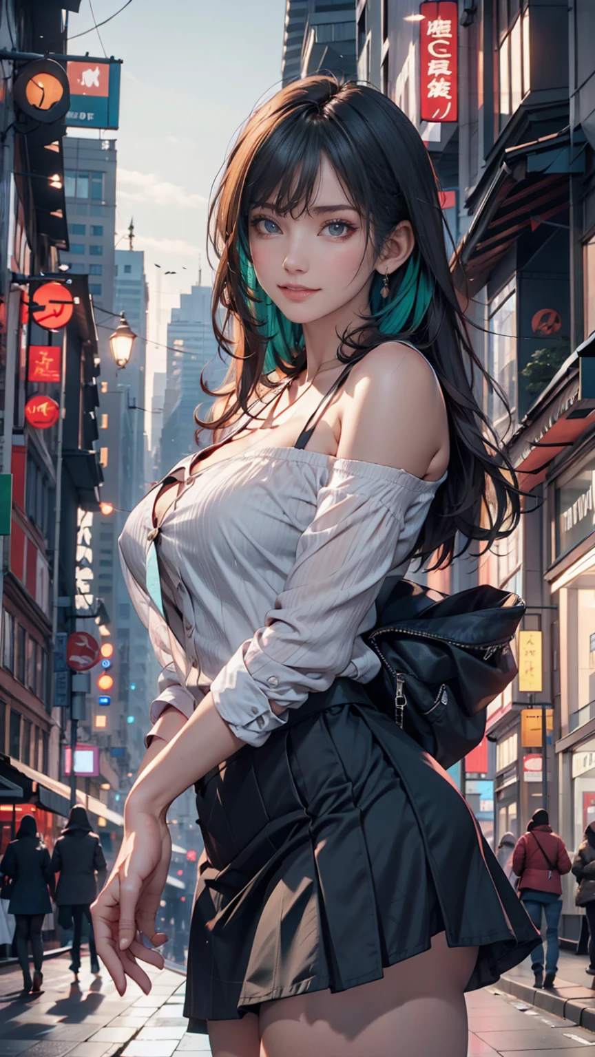 One person, black_skirt, green_hair, building, city, cityscape, hair_between_eye, Jacket, Looking_in_Audience, Moderate_hair, Multicolor_hair, multiple_, night, off_shoulder, Outdoor, pleined_skirt, road, shirt, skirt, Skyscraper, smile, 一人in_concentrated, street, white_shirt