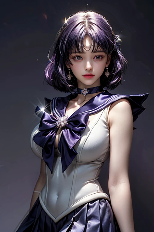 (Ultra-realistic,32k, masterpiece:1.2),(Skin with attention to detail:1.1),( high quality:1.1),
Sailor Saturn,sad,Purple Hair, tiara, Sailor Warrior Uniforms, Purple sailor color, Pleated skirt, Elbow hand pockets, jewelry, brooch, choker, Blank Background Blurred Background,, Huge breasts,big breasts,(View your viewers, Stand from below:1.1), (refraction:1.1),