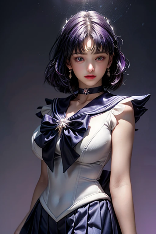 (Ultra-realistic,32k, masterpiece:1.2),(Skin with attention to detail:1.1),( high quality:1.1),
Sailor Saturn,sad,Purple Hair, tiara, Sailor Warrior Uniforms, Purple sailor color, Pleated skirt, Elbow hand pockets, jewelry, brooch, choker, Blank Background Blurred Background,, Huge breasts,big breasts,(View your viewers, Stand from below:1.1), (refraction:1.1),