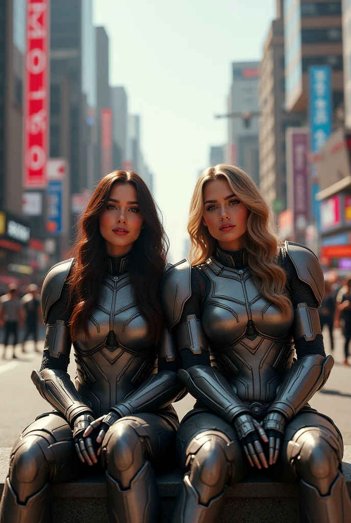 Armor Warriors, Bustling city, (Inspired by the Avengers), Armor Suit, sit down, (8k, RAW Photos, Realistic: 1, 25), (Lots of lip gloss, Lots of eyelashes, Better Quality, Ultra-high resolution, Depth of written boundary, chromatic aberration, Wide Light, Colnatural, Vision (1:2)
