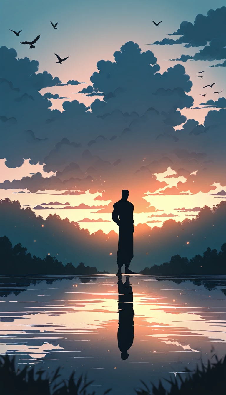 A Strong Buddhist muscular man stands in the smoke, Black jumpsuit, Very tight, Tall muscular man, Priapus, Dark Black, Dark black skin, Buzz Cut, His muscles are very developed, Very tall, short hair, Blend into the smoke, Lake, Reflection, Sunset, Sunset, Bird, plum bossom, Man silhouette, Chinese, black and white, Simple style