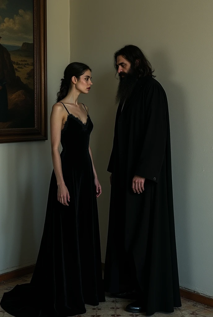 A wall as a background, a young woman dressed in black and a man similar to Rasputin from King's Man Origins. Among themselves, There is a painting hanging on the wall