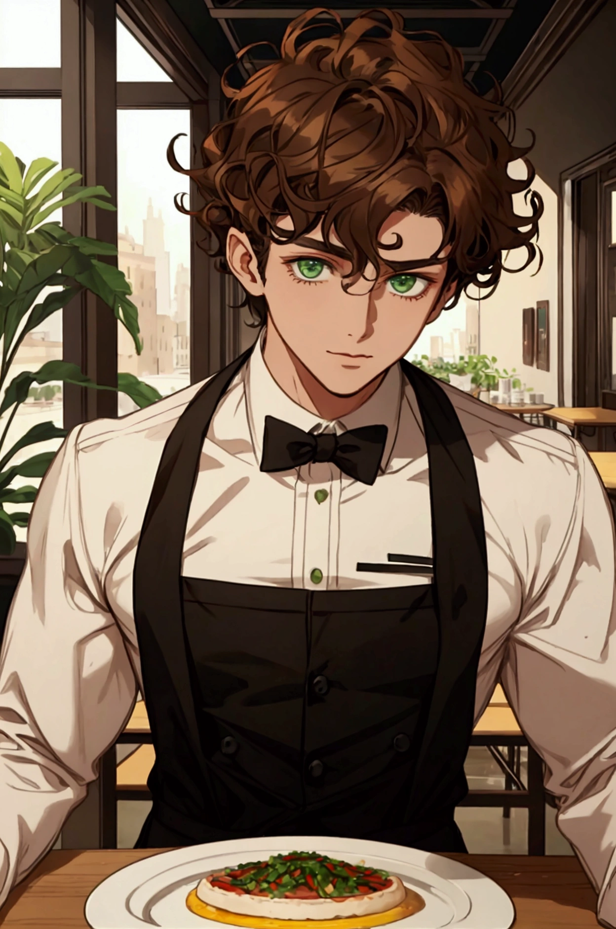 Boy , curly brown hair, green eyes, in waiter's clothes, serves a table and looks straight into the camera.