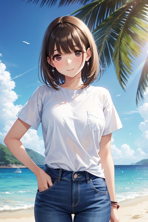 anegasaki nene、Shiny brown hair, short hair, (Beautiful brown eyes、Sparkling eyes, Fine grain)、smile、Ultra-detailed eyes、Highly detailed face, Highly detailed eyes,
White shirt,Denim pants,Beachside,Put your hands in your pockets 、Midsummer Beach、Lens flare