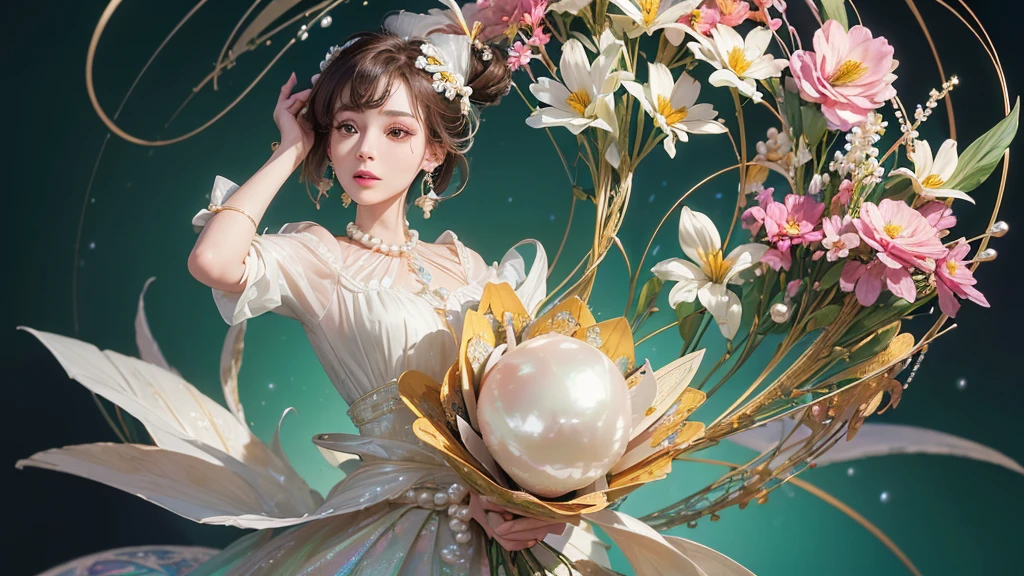 32K, 最高quality, 最高masterpiece, (ultra-Detailed Background, Detailed Background), High resolution, Super detailed, Very detailedな, 1 personの, (bouquet:1.3), (Tangled:1.2), (Geometric:1.2),(colorful),(masterpiece, quality, best quality, Official Art, Beautiful and beautiful:1.2), (1 person:1.3), Very detailed,(colorful:1.1)(Flowers:1.3),Most detailed,(Tangled:1.2), whole body, (Abstract background:1.3), (Skin glows), (Many colors:1.4), ,(Earrings Pearl:1.5), Light green background, It's imaginative., Brunette Hair, Updo, Holding a book, Holding a pen, Satin shirt,