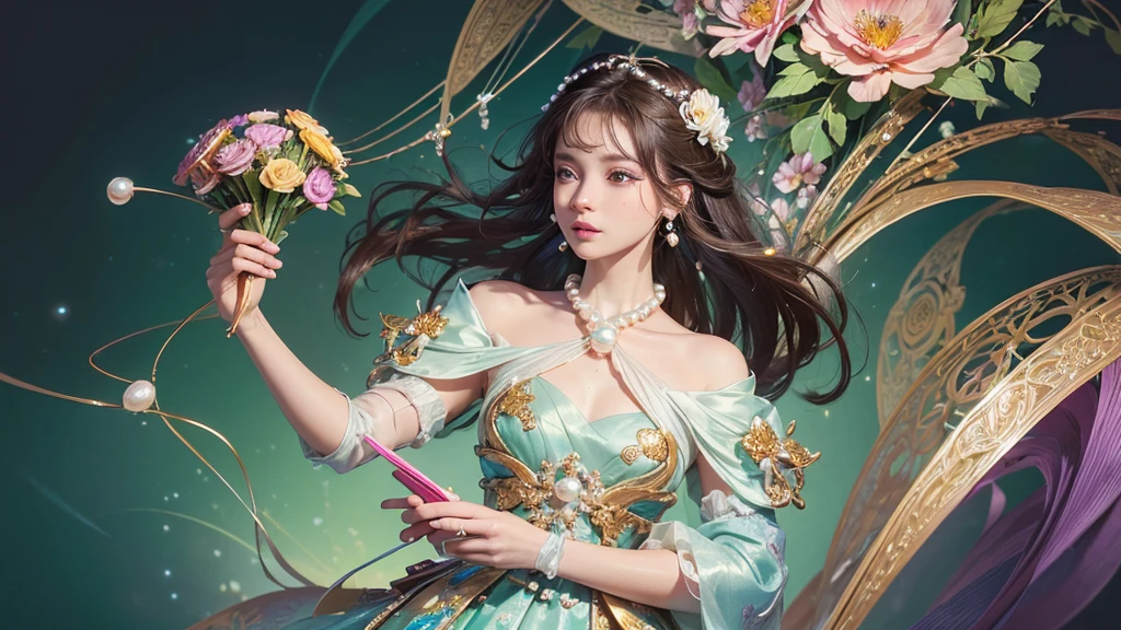 32K, 最高quality, 最高masterpiece, (ultra-Detailed Background, Detailed Background), High resolution, Super detailed, Very detailedな, 1 personの, (bouquet:1.3), (Tangled:1.2), (Geometric:1.2),(colorful),(masterpiece, quality, best quality, Official Art, Beautiful and beautiful:1.2), (1 person:1.3), Very detailed,(colorful:1.1)(Flowers:1.3),Most detailed,(Tangled:1.2), whole body, (Abstract background:1.3), (Skin glows), (Many colors:1.4), ,(Earrings Pearl:1.5), Light green background, It's imaginative., Brunette Hair, Updo, Holding a book, Holding a pen, Satin shirt,