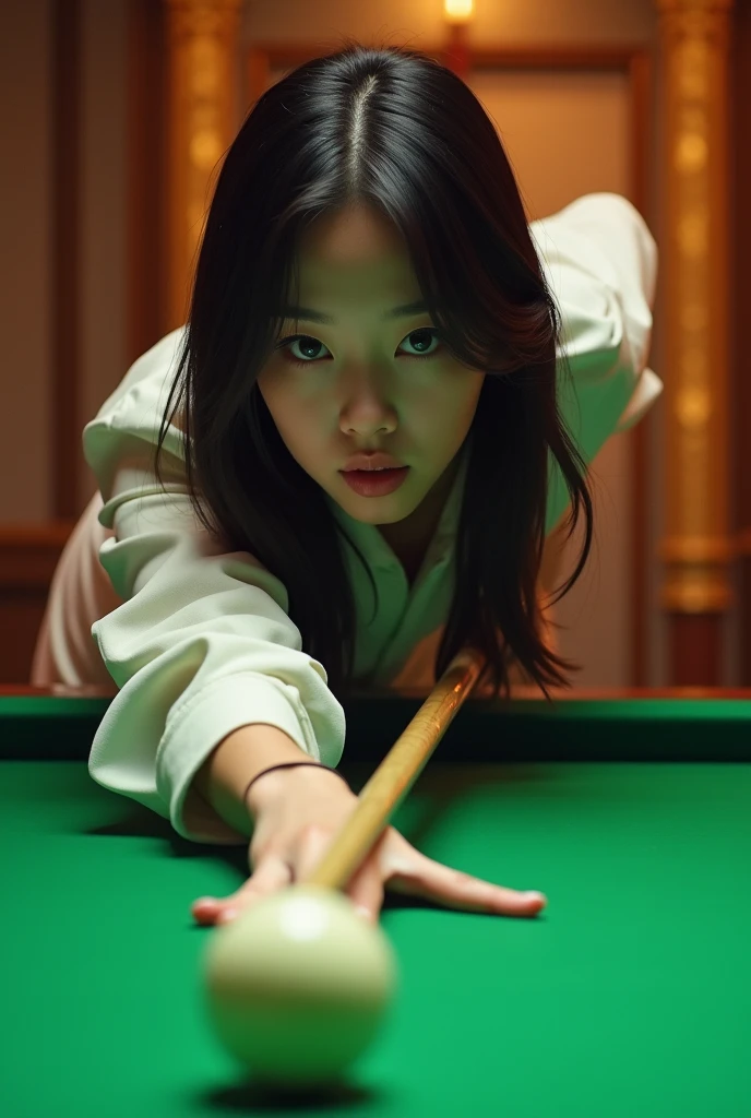 Women's Snooker，1 Korean beauty，Fair skin，Focus，Billiards Masters Final Background，Professional Arena