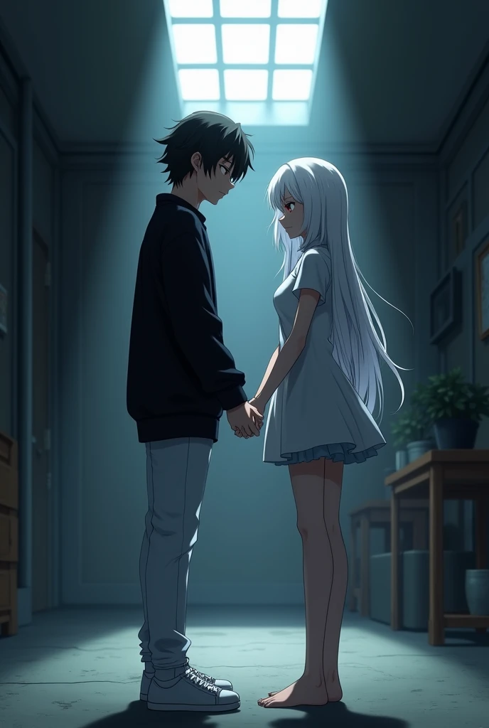 The image is anime style with shadows and dim lights, anime style although somewhat adult and dark, It shows a single adult man of 2 who has black eyes and medium-long black hair as well., who wears an oversized black sweater and white pants with white sneakers. He is holding the hand of a 2 adult albino woman who has red eyes, His feet are bare, She has very beautiful feet and strong legs., Her hair is white and very long and she wears a short dress that reaches her knees.. both, both man and woman, They are shown with a determined and serious expression in the middle of a room partially lit by a skylight..