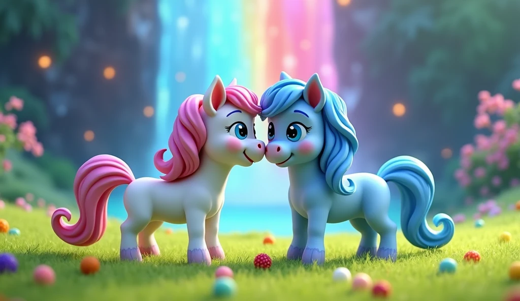 Create in 3d animation style for the kids of age group of 1-5 years "Luna white horse and Aria the blue horse standing in a crystal cave, eating berries from a bush.
- The cave should be filled with sparkling crystals, and the berries should be colorful and juicy.
- Luna and Aria should be looking happy and content.