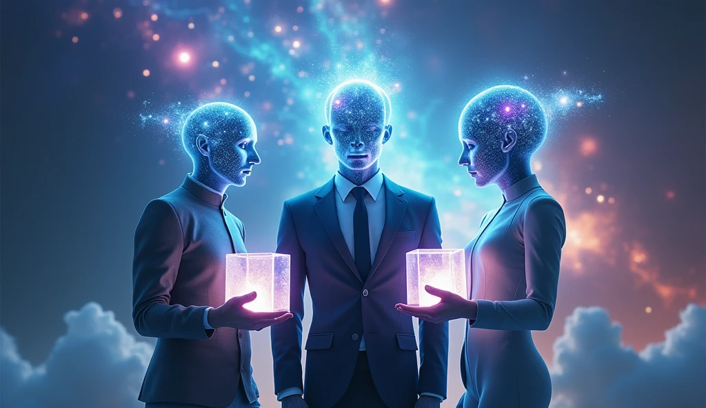 Create a cosmic scene featuring three humanoid figures standing closely together, each holding a glowing, transparent cube emitting light. The central figure should be dressed in a formal suit and tie, while the two figures on either side wear futuristic attire. Their heads should appear as bright, cosmic voids, filled with stars and nebulas, with no distinct facial features. The overall color scheme should include vibrant blues, purples, and whites, creating a mystical and powerful atmosphere. The background should be a swirling cosmic environment with abstract elements like galaxies, nebulas, and light trails, enhancing the ethereal and futuristic mood. The image should be in a 16:9 aspect ratio, capturing the grandeur of the scene.