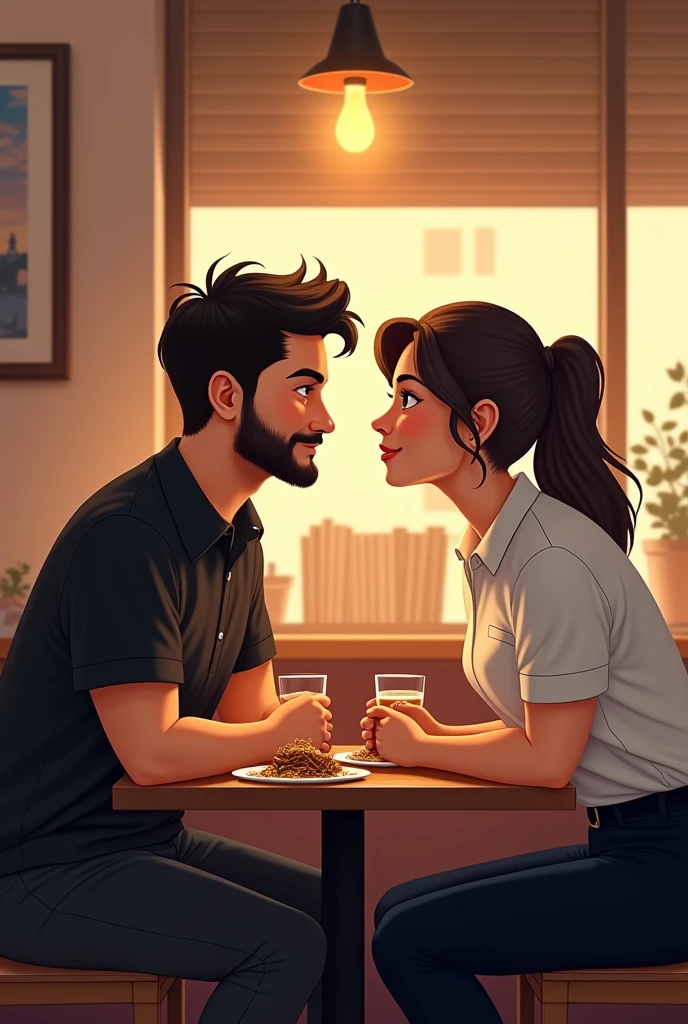 Make a image. In a work at cafe a barista boy wearing black shirt pant a little bit healthy boy with beard and a steward captain girl wearing a white shirt and black pant fall in Love which each other in doing job both are little more faty sit in last table staring at each other while having coffee and noodles and biscuits and paneer wrap