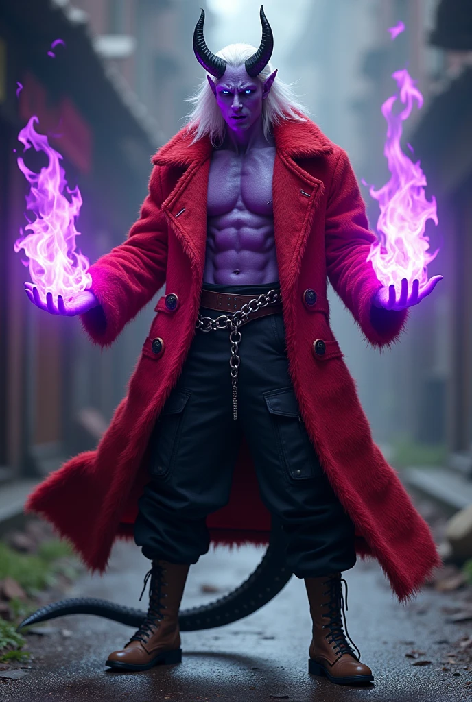 Male monster demon, three horns, purple skin, blue eyes, waist length hair, white hair, violet crecent moon on his forehead, scarlet red furry trench matrix gabardine open, black cargo pants, arms on violet flames, cyberpunk japanese style, chains around the belt, long crocodile tail, magic powers, action, leather brown boots with metal pins, black cat nails, wushuu pose, night background