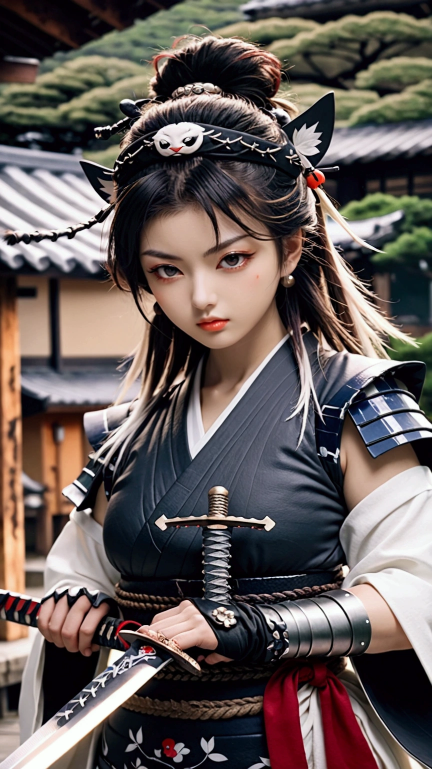 (Japanese sword &reference;Muramasa 2&reference;.2)Two beautiful women、Japanese swordを持った女性、Shinobi Costume、Warrior、Clear Eyes、{Arm tattoo、Warrior、Realistic battle scenes、敵Warriorの返りBlood、Blood、High resolution、Highest quality、Very detailed、8k、background、