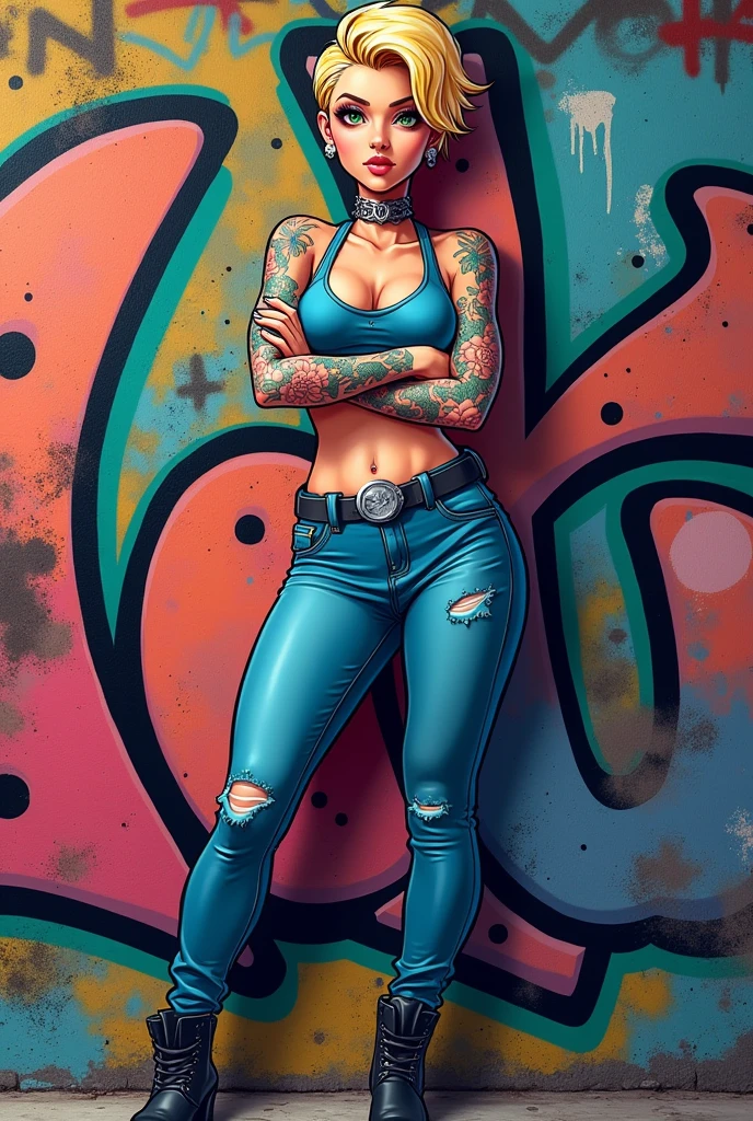 A heterosexual blonde girl with pixie short hair and big breasts and full body tattoos. very feminine, wide hips with her arms crossed standing, sports bra, blue jeans ankle boots,  cartoon style
graffiti wall