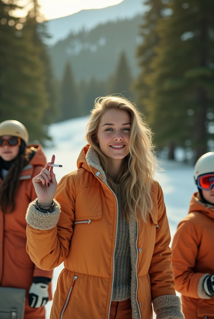 This woman, with her friend AT ski resort. On snowboards with one cigarette in her left hand . She wearing a snowboard jacket