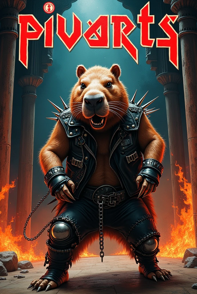 Vinyl album cover featuring the word 'PIVARTS' in bold gothic font, with a fierce capybara in heavy metal attire as the centerpiece, intense airbrushed art style reminiscent of Derek Riggs, dark and dramatic background with flames and gothic architecture, intricate details and vibrant colors capturing the essence of Iron Maiden album covers, heavy metal aesthetics, high contrast, dynamic composition, Eddie-inspired capybara mascot, epic and fantastical imagery, 1980s metal album art influence, powerful and energetic visual narrative by Derek Riggs.