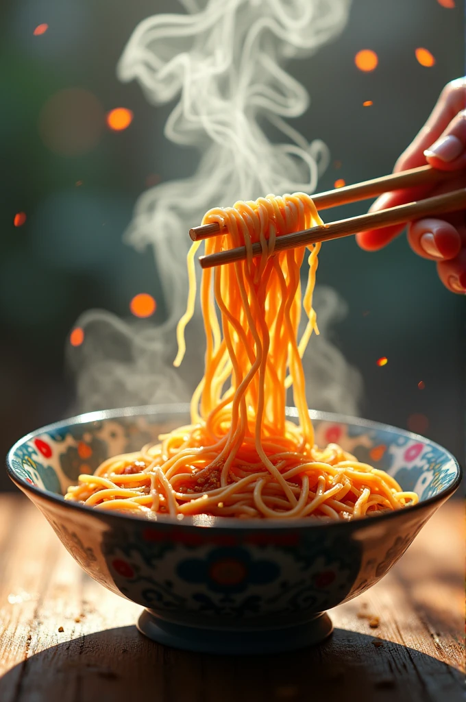 A bowl of noodles chopstick and dancing