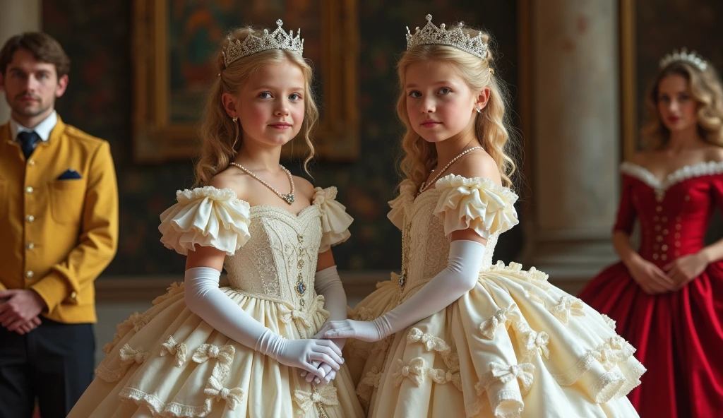 The Art of John Tenniel, Official and official coronation ceremony photos, Portrait of Reese Witherspoon 2 Beautiful Blonde Girls as Queen in Cinderella's Extravagant and Elaborate Court Dress (((Puffy arms))), One person in a yellow shirt, One person is red-shirted,Hourglass waist, And k (((Large pleated skirt))) Decorated with bows, embroidery, and gems, White long gloves, Pearl necklace and earrings