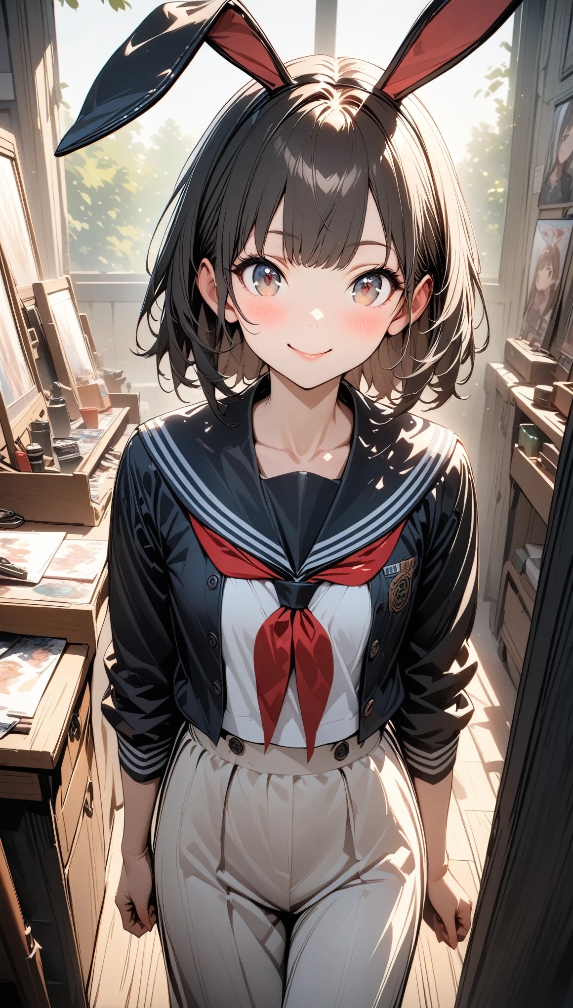 ((masterpiece))((Highest quality))Bunny ears、、smile、Flat Chest、thin、blush、Are standing、Full body image、You can see the toes、Eye height on face、front、No background、真frontのアングル、Sailor suit、Woman in casual clothes, Japanese Girl, Standing directly in front, Very detailed, Art Station, Smooth, Sharp focus, Long dress, Highest quality, Ultra-high resolution, Very detailed顔と目,Symbol-shaped pupil,, One person, Women, Long trousers, smile, cute, 8k, Ultra Rendering, Backlight, Studio Lightning, Realistic portraits, Supreme detail, Very detailed, Art Station, Smooth, Sharp focus, Cinema Lighting, To the camera, Dark studio, Rim Light, Two-tone lighting, Modest, Easy Negative, badhandsv5-neg, M1 Shelly 3OH、Thick lips、To the camera,