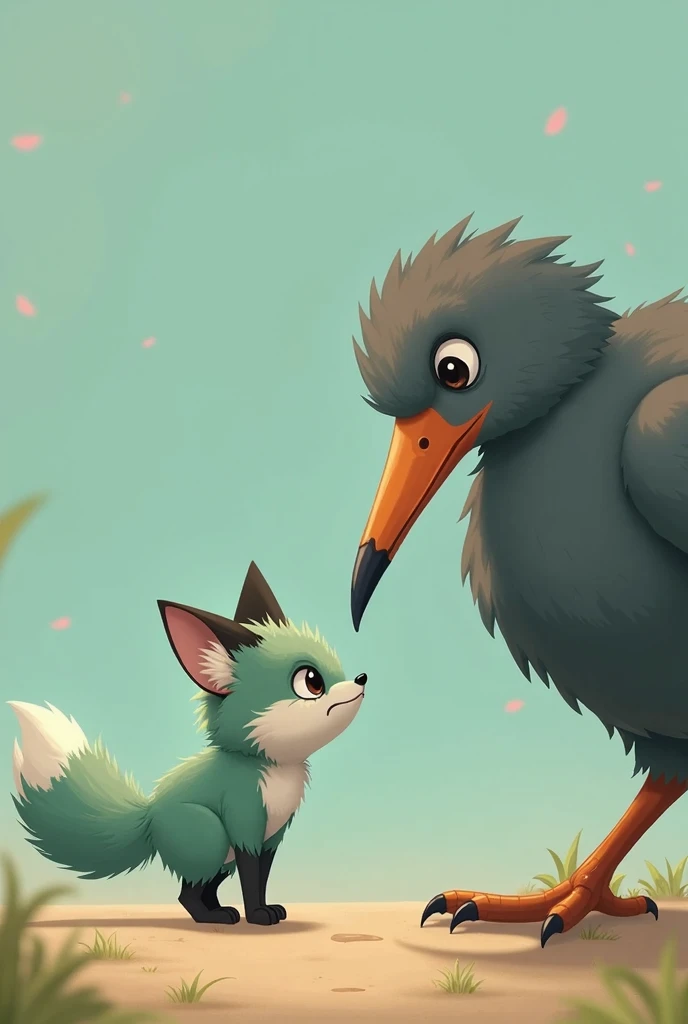 A little Tiffany green fox,About to hunt a giant gray bird,giant bird walking on the ground,In front of the fox,The fox is in a state of overestimating his own abilities,Cute realistic style