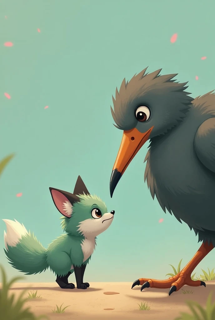 A little Tiffany green fox,About to hunt a giant gray bird,giant bird walking on the ground,In front of the fox,The fox is in a state of overestimating his own abilities,Cute realistic style
