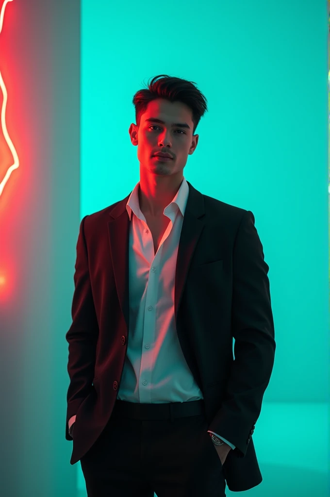 A young Man With Dark hair and a confident smile He is Dressed in a black blazer over a white shirt The man is positioned against aqua colour backdrop with a subtle red lightning on the left side and