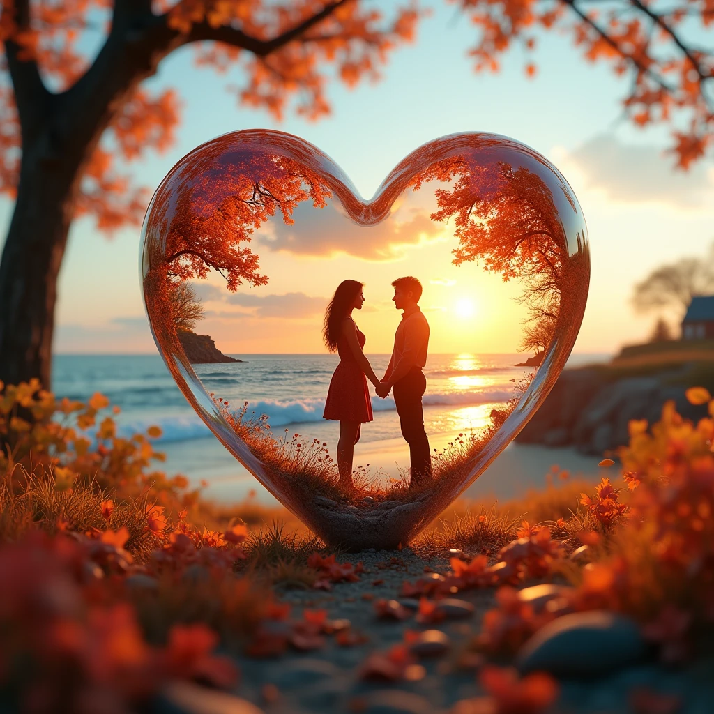 Double exposure of glass heart, Immerse yourself in a soft and romantic atmosphere. Using Double Exposure Technology、Create something vivid, Dynamic Image. Inside the Glass Heart, Picturesque silhouette of lovers in front of a beach with waves sinking during a vibrant summer sunset、Visualize beautiful summer landscapes, All made using tilt-shift technology, 3D effects and sharp contrast. Around the Glass Heart, The atmosphere should resonate with love and romance, Soft pastel tones and warm lighting、It creates an enchanting and welcoming environment. Make sure the charming cottage in the fall landscape and glass center has a vibrant and detailed look, It forms a peaceful and romantic environment that harmonizes with the calm and romantic environment.
Necessary for this effect: alchemy, Prompt Magic V3, Photoreal or Dream Shaper V7