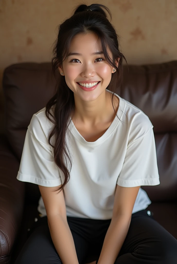 Photorealistic, young Asian woman, long brunette hair tied in a loose ponytail, wearing large white t-shirt, wearing black yoga pants, barefoot, smiling brightly, sitting on dark brown leather couch, viewed from the front