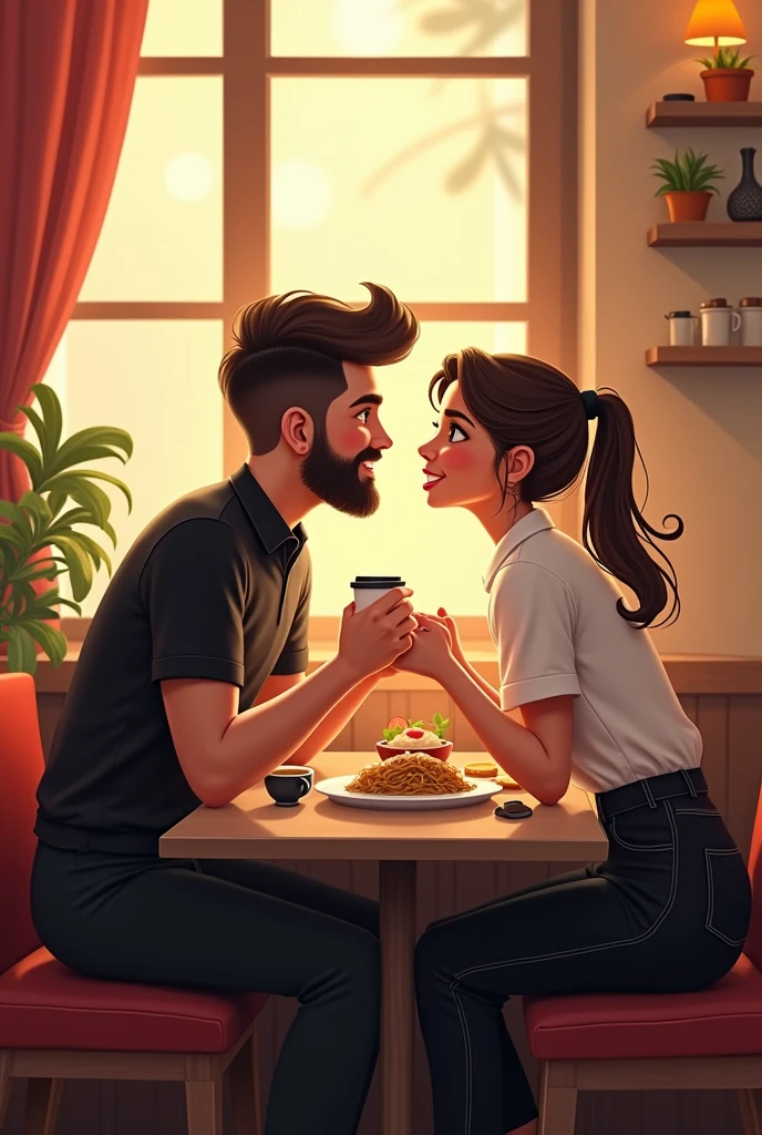 Make a image. In a work at cafe a barista boy wearing black shirt pant a little bit healthy boy with beard and a steward captain girl wearing a white shirt and black pant fall in Love which each other in doing job both are little more faty  sit in last table staring at each other while having coffee and noodles and biscuits and paneer wrap make a romantic scenes pic