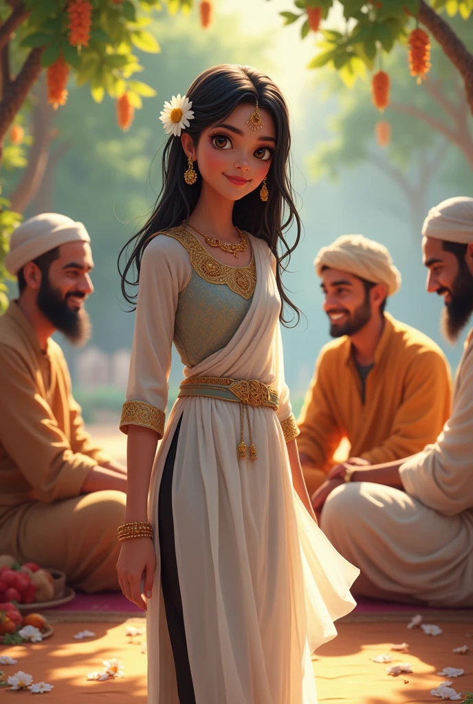 A kerala 2d beautiful hindu girl wearing a white indian kurta with black leggings , blak heel, bhindi, jwellerys, jasmin on the hair standing in front of four traditional muslim mens they aresiting and laughing