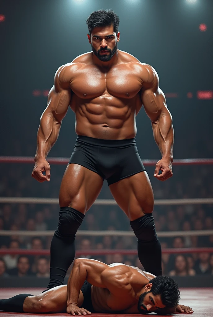 Desi Wrestler in jockey trunks flexes quadriceps while trampling on opponents chest on domination style