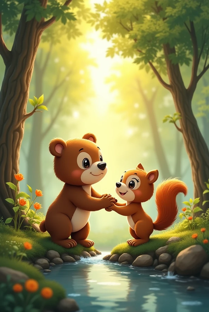 From then on, Little Bear and Little Squirrel became close friends. They often play together and help each other when they encounter difficulties. Their story spread throughout the forest, making everyone feel warm because of Little Squirrel's beautiful friendship and kindness.