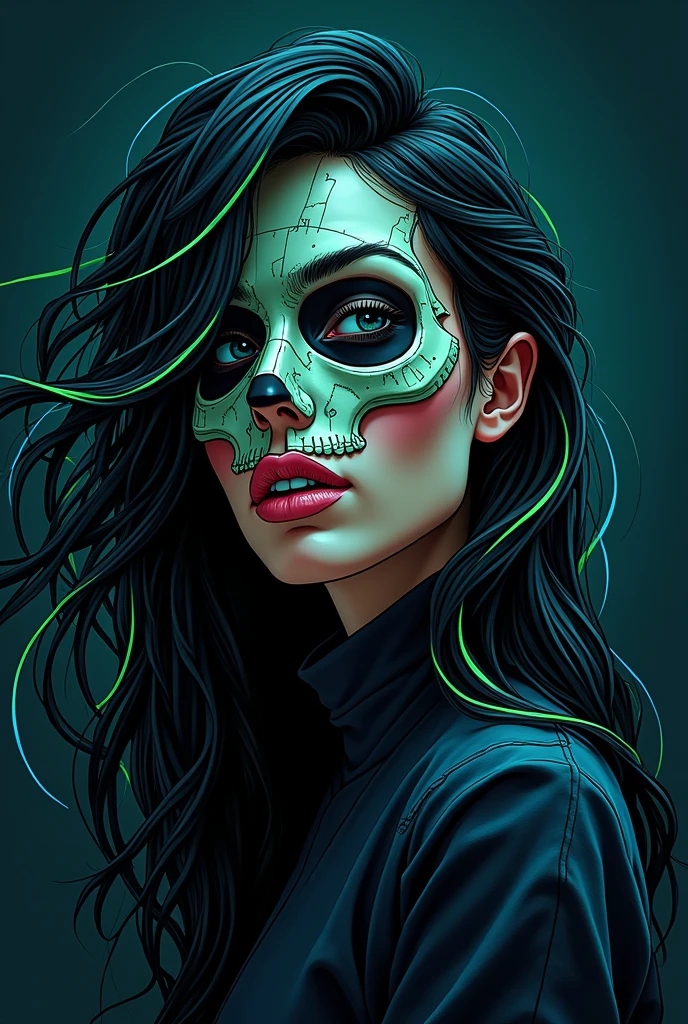 Woman face wearing ON half Side of her face a skull mask,Long Hair in the Wind,neon Green Strands of Hair,cartoon,black Background 