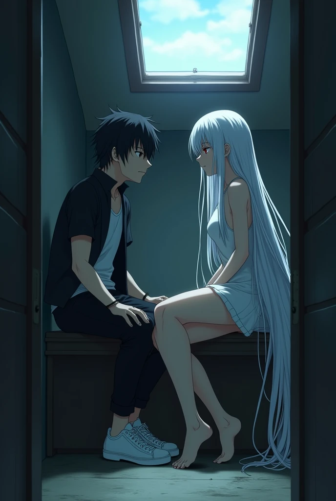 The image is anime style with shadows and dim lights, anime style although somewhat adult and dark, It shows a single adult man of 2 who has black eyes and medium-long black hair as well., who wears white sneakers. He is holding the hand of a 2 adult albino woman who has red eyes, His feet are bare, She has very beautiful feet and strong legs., Her hair is white and very long and she wears a short dress that reaches her knees.. both, both man and woman, They are shown with a determined and serious expression in the middle of a room partially lit by a skylight..