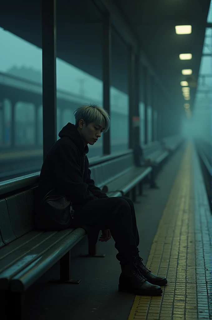 Min yoongi Sitting at the station, and beside him there was a . 