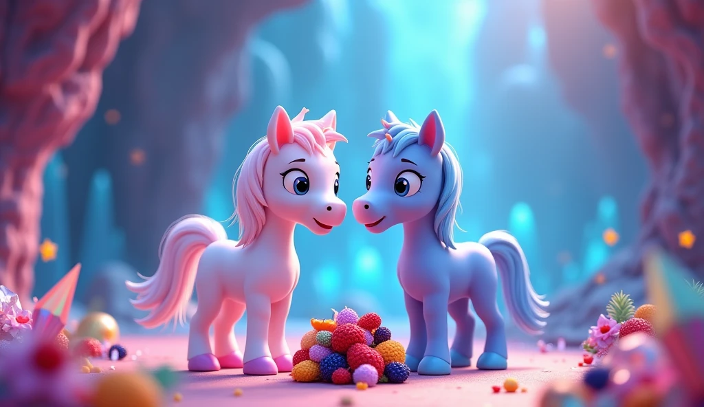 Create in 3d animation style for the kids of age group of 1-5 years "Luna white horse and Aria the blue horse standing in a crystal cave, eating berries from a bush.
- The cave should be filled with sparkling crystals, and the berries should be colorful and juicy.
- Luna and Aria should be looking happy and content.
