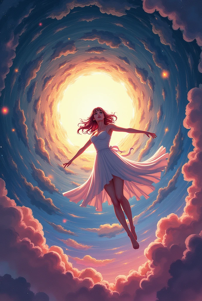 anime style time hole, and a woman falling in the middle, It looks like it&#39;s falling at the speed of sound