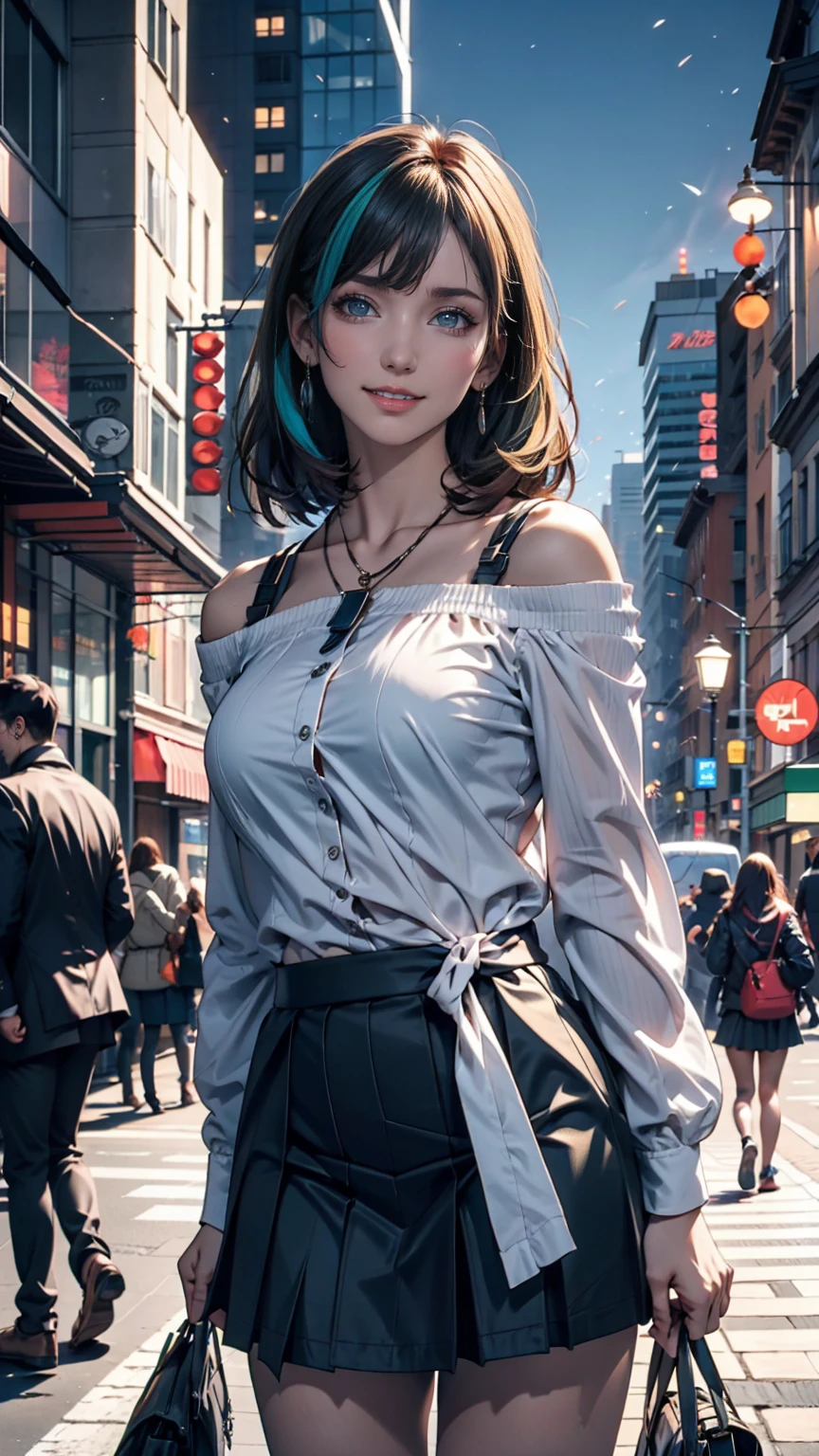 One person, black_skirt, green_hair, building, city, cityscape, hair_between_eye, Jacket, Looking_in_Audience, Moderate_hair, Multicolor_hair, multiple_, night, off_shoulder, Outdoor, pleined_skirt, road, shirt, skirt, Skyscraper, smile, 一人in_concentrated, street, white_shirt