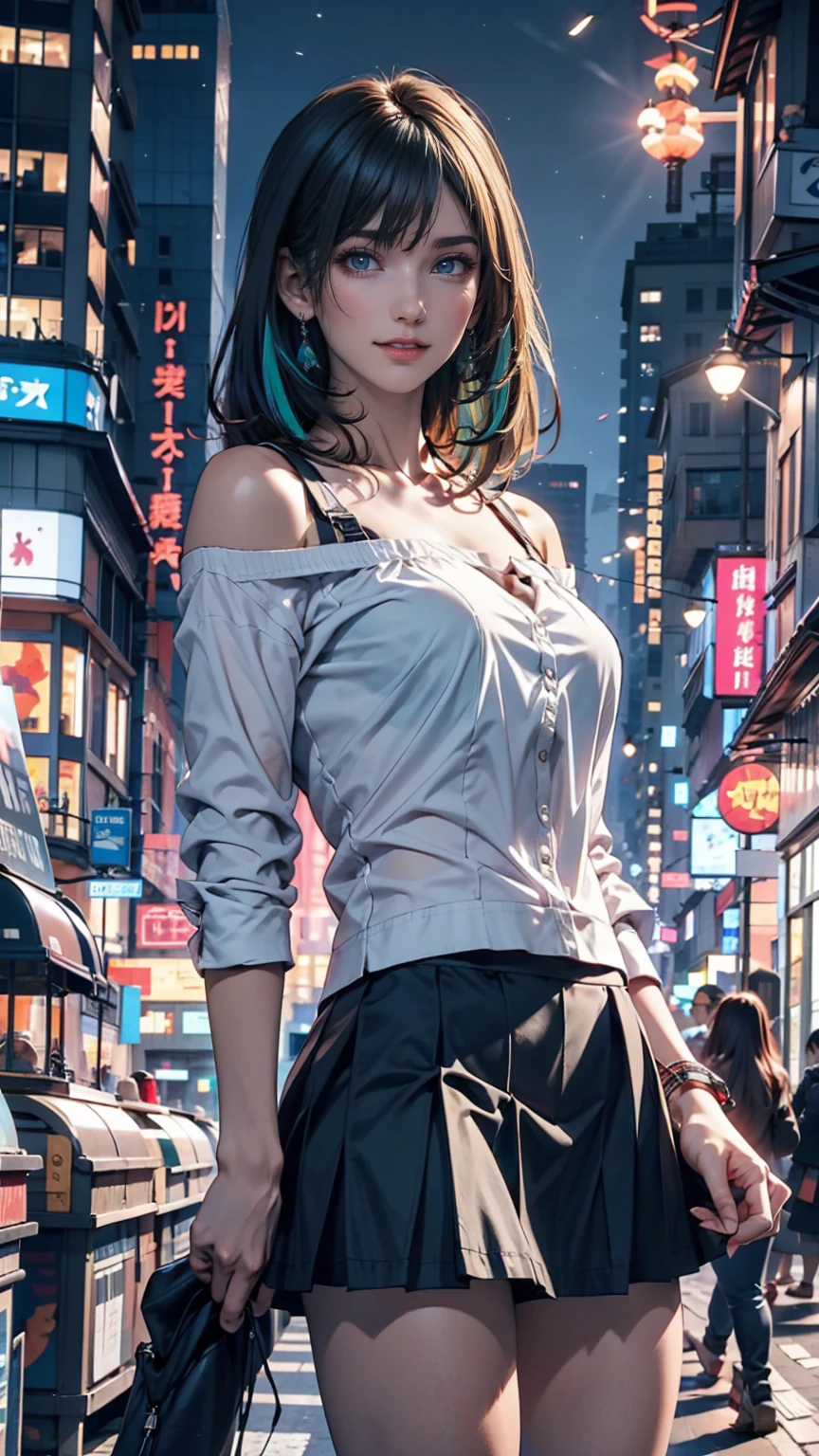 One person, black_skirt, green_hair, building, city, cityscape, hair_between_eye, Jacket, Looking_in_Audience, Moderate_hair, Multicolor_hair, multiple_, night, off_shoulder, Outdoor, pleined_skirt, road, shirt, skirt, Skyscraper, smile, 一人in_concentrated, street, white_shirt