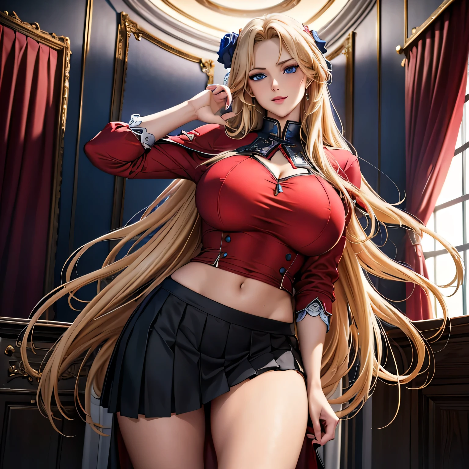 ((best quality)), ((masterpiece)), (detailed), perfect anatomy, highly detailed hands, highly detailed human ears, highly detailed face, highly detailed eyes, highly detailed nose, highly detailed mouth, highly detailed hair, highly detailed skin,a 1 girl,long straight blond hair,sky-blue eyes,athletic,self-confident smile,a single red rose as an hair ornament,coral color lipstick,white tight wet shirt,short sexy black pleated skirt,dynamic sexy pose, in bedroom, portrait,highly detailed,masterpiece,photorealistic,8k,ultra-detailed,dramatic lighting,intricate details,elegant,aristocratic,regal,noble,confident,powerful,imposing,dramatic, all image in sharp focus, full body wide shot

