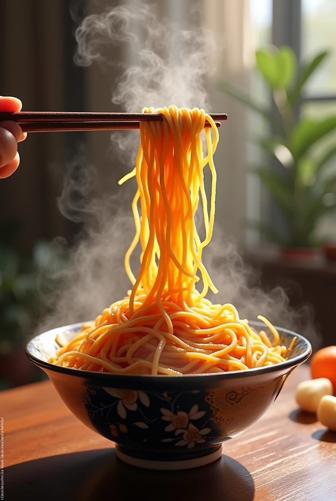 A bowl of noodles chopstick and dancing