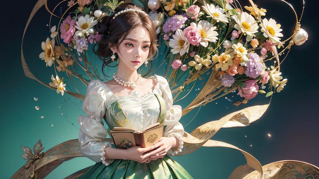 32K, 最高quality, 最高masterpiece, (ultra-Detailed Background, Detailed Background), High resolution, Super detailed, Very detailedな, 1 personの, (bouquet:1.3), (Tangled:1.2), (Geometric:1.2),(colorful),(masterpiece, quality, best quality, Official Art, Beautiful and beautiful:1.2), (1 person:1.3), Very detailed,(colorful:1.1)(Flowers:1.3),Most detailed,(Tangled:1.2), whole body, (Abstract background:1.3), (Skin glows), (Many colors:1.4), ,(Earrings Pearl:1.5), Light green background, It's imaginative., Brunette Hair, Updo, Holding a book, Holding a pen, Satin shirt,