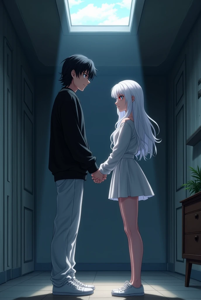 The image is anime style with shadows and dim lights, anime style although somewhat adult and dark, It shows a single adult man of 2 who has black eyes and medium-long black hair as well., who wears an oversized black sweater and white pants with white sneakers. He is holding the hand of a 2 adult albino woman who has red eyes, His feet are bare, She has very beautiful feet and strong legs., Her hair is white and very long and she wears a short dress that reaches her knees.. both, both man and woman, They are shown with a determined and serious expression in the middle of a room partially lit by a skylight..