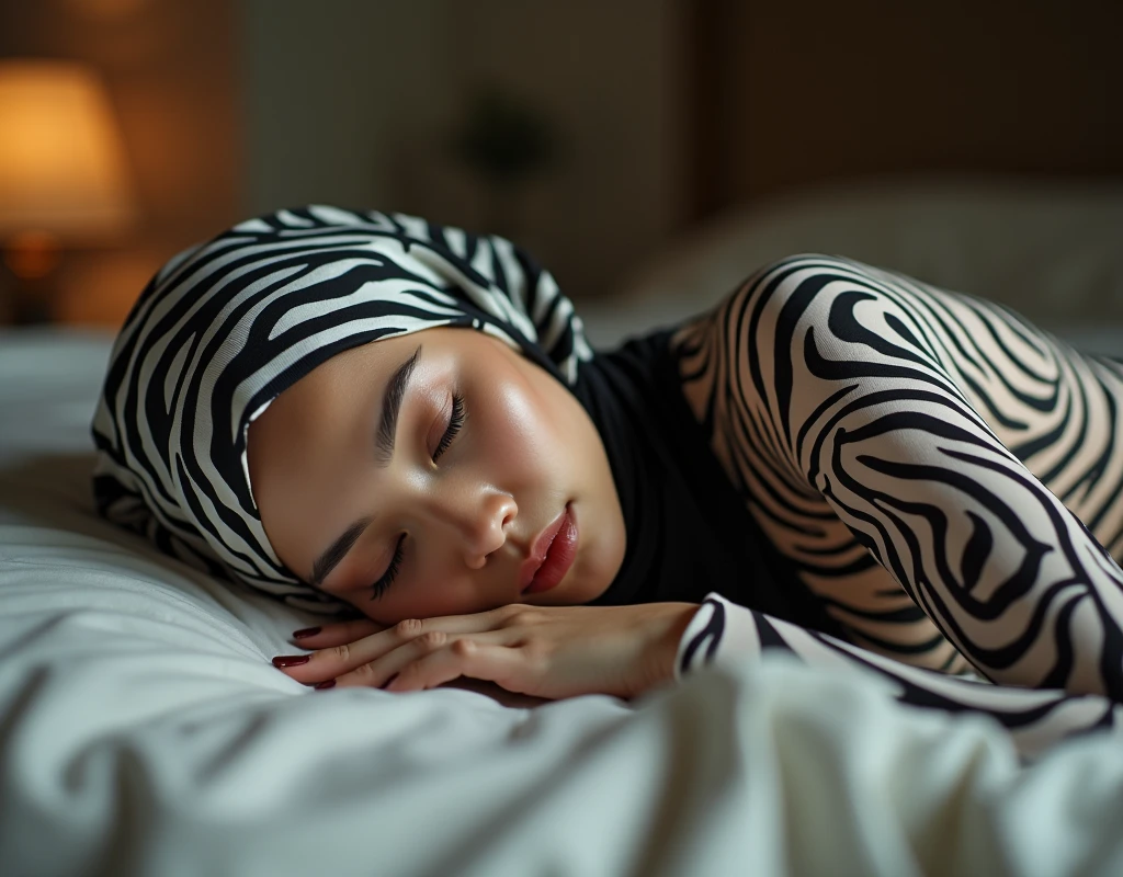 The beautiful,thin and clever asian muslimah adult girl with beautiful cheeks wears mountain zebra print lycra turtleneck unitard catsuit covered with stripes and mountain zebra print lycra elastane stretchy dancewear shawl hijab covered with stripes.She is sleeping on the bed.She always put fake zebra print stripes that are made of animal makeup marker kit.